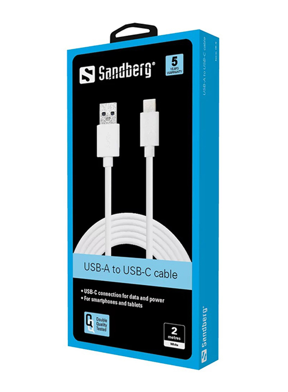 Sandberg 2-Meter USB Type-C 3.1 Cable, USB Type-A 3.0 Male to USB Type-C 3.1 for USB Type-C Devices, White