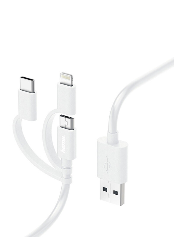 Hama 1-Meter 3-in-1 Micro-USB Cable with Adapter for USB-C and Lightning for Smartphones/Tablets, White