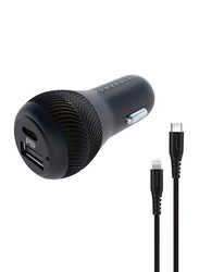 Powerology Dual Port Car Charger, 30W USB 2.4A + PD 18W with USB Type-C to Mfi Lighting Cable, Black