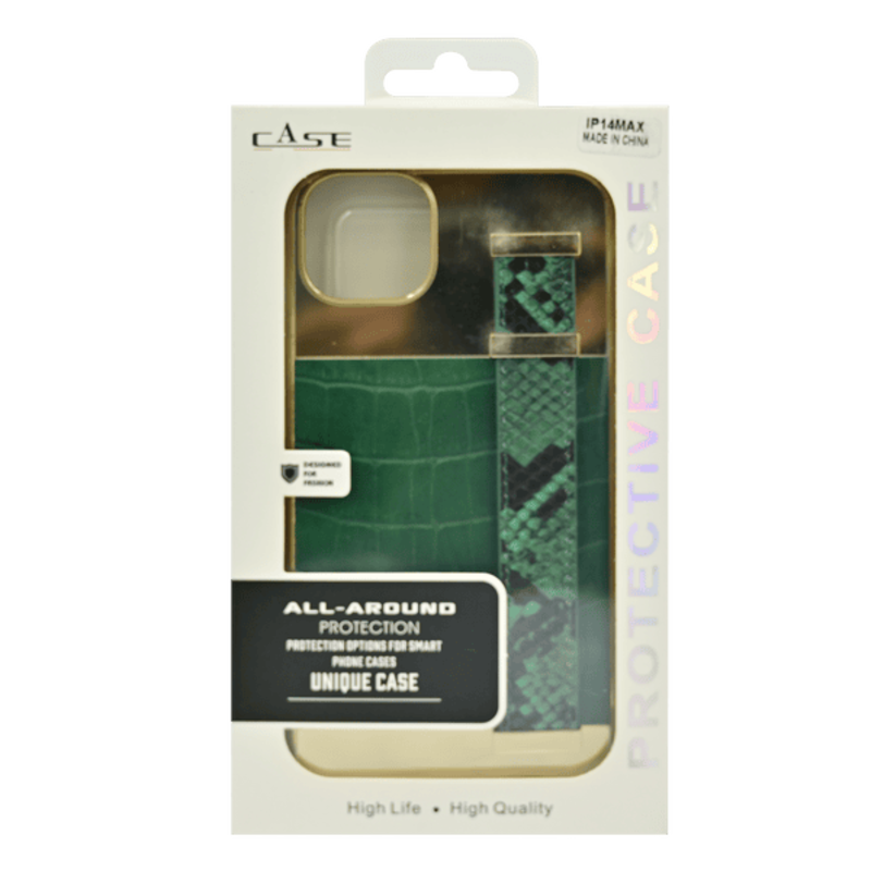 

N/a GOLD FRAME CROCO LEATHER BACK GRIP CASE IPHONE 14 PLUS GREEN
