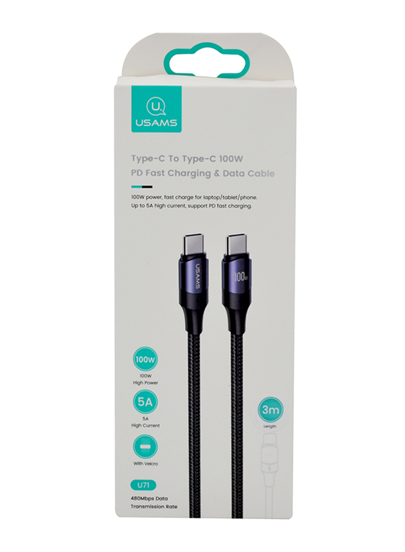 Usams 3-Meter Fast Charging USB Type-C Cable, USB Type-C to USB Type-C, Black