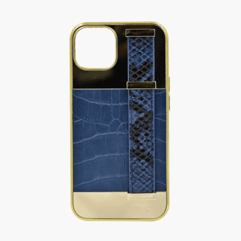 

N/a GOLD FRAME CROCO LEATHER BACK GRIP CASE IPHONE 13 PRO BLUE