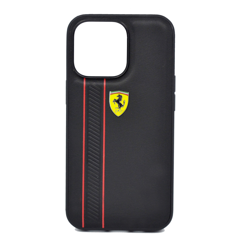 Ferrari Apple iPhone 13 Pro Ferrari Genuine Leather Hard Case With Debossed Stripes, Black