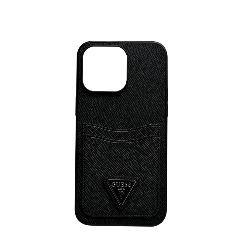 GUESS SAFFIANO CASE WITH DOUBLE CARD SLOT & TRIANGLE LOGO IPHONE 15 PRO MAX BLACK