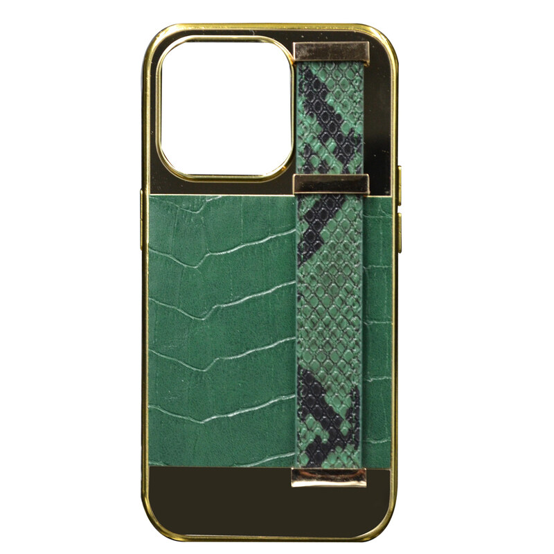 

N/a GOLD FRAME CROCO LEATHER BACK GRIP CASE IPHONE 14 PRO GREEN