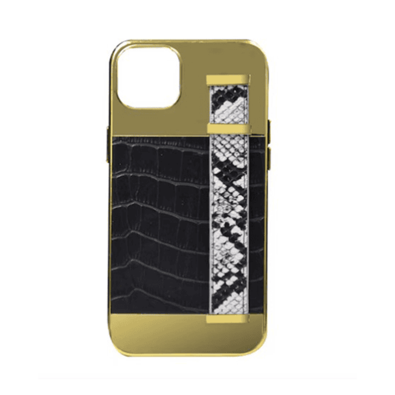 

N/a GOLD FRAME CROCO LEATHER BACK GRIP CASE IPHONE 14 PRO BLACK
