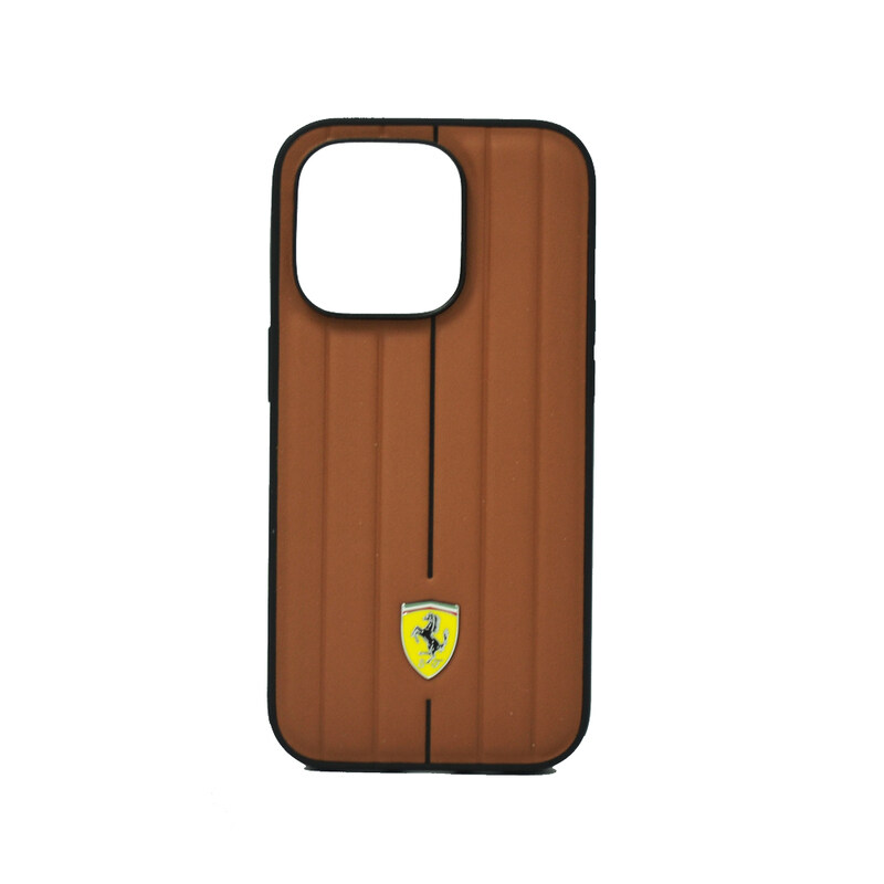 

N/a FERRARI LEATHER CASE WITH EMBOSSED STRIPES YELLOW SHIELD LOGO FOR IPHONE 14 PRO CAMEL