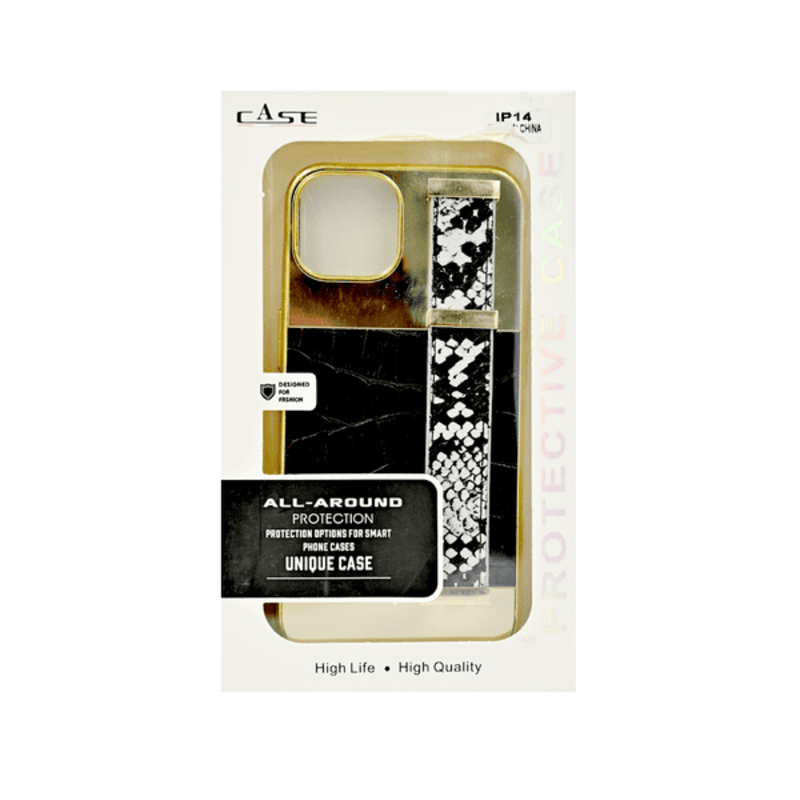 

N/a GOLD FRAME CROCO LEATHER BACK GRIP CASE IPHONE 14 BLACK
