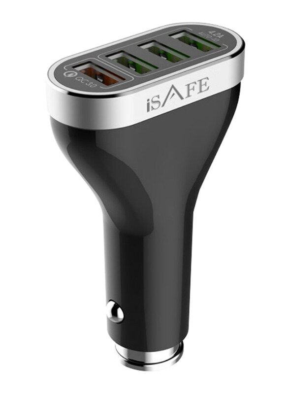 

iSafe QC Car Charger for Multiple Devices, 4 USB Ports, Black