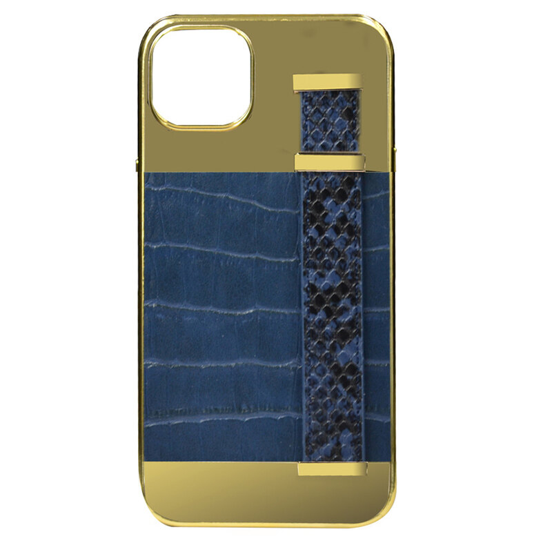 

N/a GOLD FRAME CROCO LEATHER BACK GRIP CASE IPHONE 14 PLUS BLUE