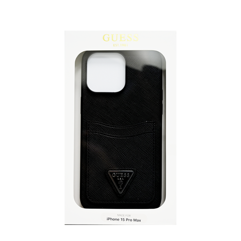 GUESS SAFFIANO CASE WITH DOUBLE CARD SLOT & TRIANGLE LOGO IPHONE 15 PRO MAX BLACK