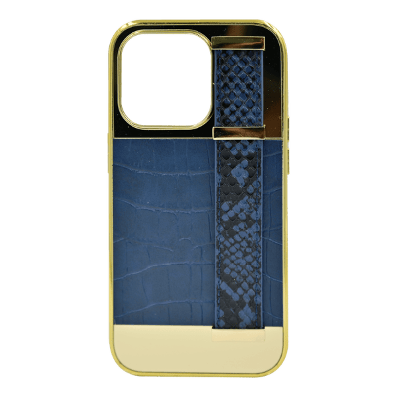 

N/a GOLD FRAME CROCO LEATHER BACK GRIP CASE IPHONE 14 PRO BLUE