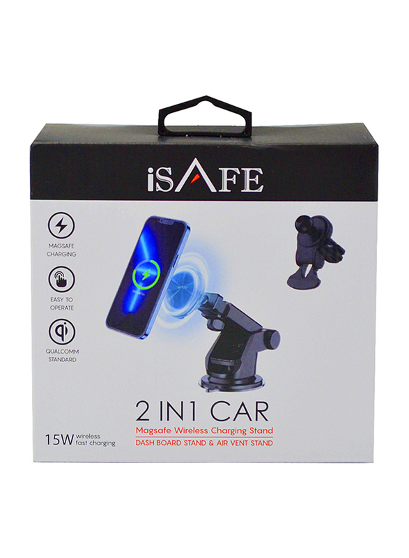 iSafe 2-in-1 Magsafe Wireless Charging Car Dashboard Stand & Air Vent Stand, Black