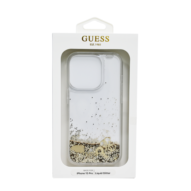 GUESS HC LIQUID GLITTER CASE WITH CHARMS PATTERN IPHONE 15 PRO GOLD