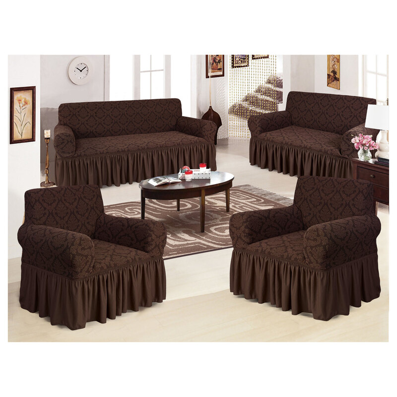 Fabienne 4-Piece Stretchable Sofa Cover Set Chocolate Brown Jacquard Fabric Seven Seater Couch Cover Set 3211 Combination