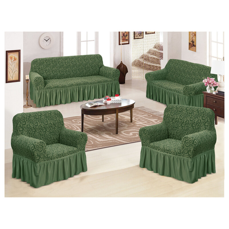 Fabienne 4-Piece Stretchable Sofa Cover Set Olive Green Jacquard Fabric Seven Seater Couch Cover Set 3211 Combination