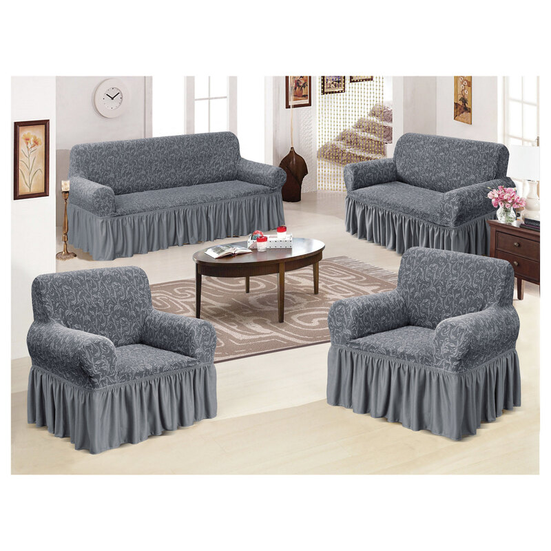 Fabienne 4-Piece Stretchable Sofa Cover Set Grey Jacquard Fabric Seven Seater 3211 Combination Couch Cover Set