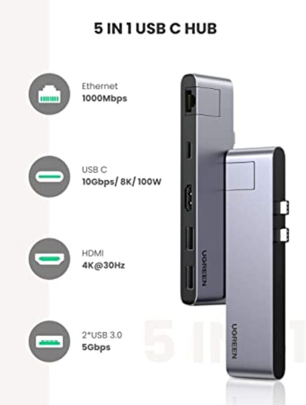 UGREEN Dual USB-C 6 in 1 USB-C To 2*USB 3.0 A+USB-C Female+ HDMI+ Gigabit Ethernet Converter
