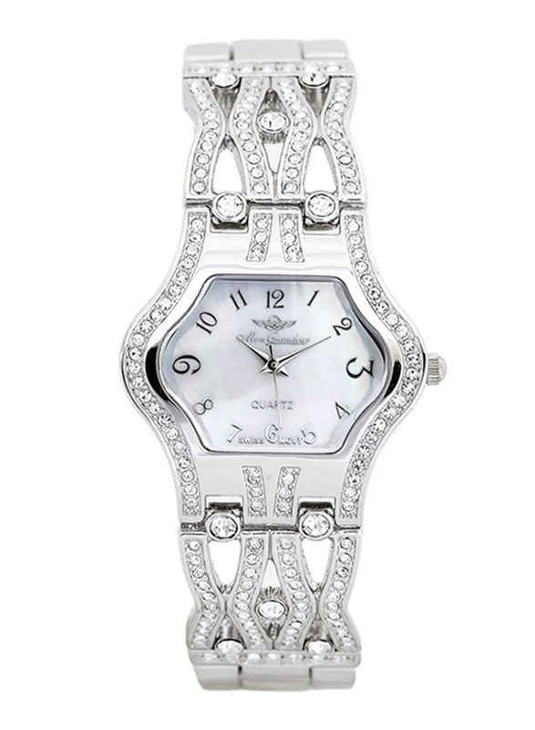 Mon Grandeur Analog Watch for Women with Metal Band and Mother of Pearl Dial, Water Resistant, Crystal Studded, GR-IN62382, Silver