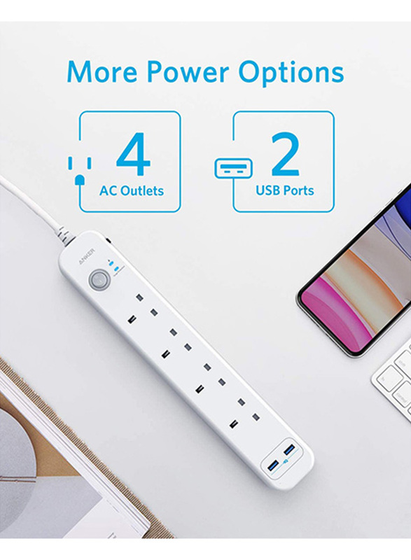 Anker 6-in-1 Universal Premium Surge Protector Charging Station with 2 Meter Cable, A9141, White