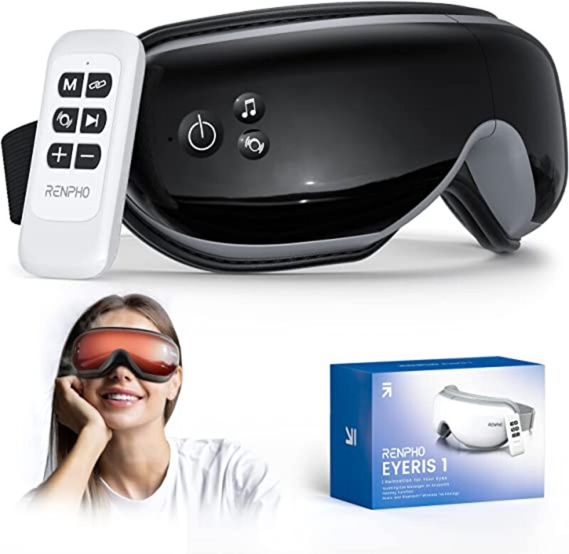 RENPHO Eye Massager with Heat and Vibration, Remote Control, Compression Bluetooth Music Temple Eye Massage Mask Rechargeable for Relax Eye Strain Dark Circles Eye Bags Dry Eyes Improve Sleep-Black