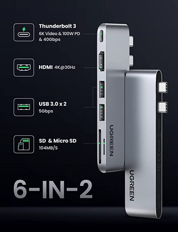 UGREEN 6 in 2 Hub Dual USB-C to HDMI+2xUSB3A+TF/SD+ 100W PD