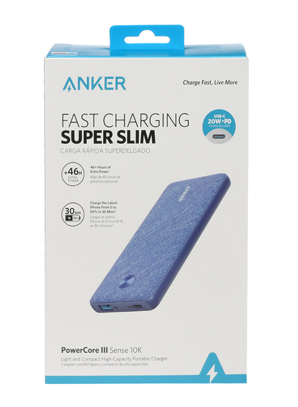 Anker 10000mAh Wired Fast Charging Power Core III Sense 10K 20W PD Power Bank with USB-A Ports, Blue