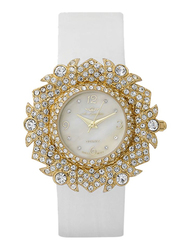 Mon Grandeur Analog Watch for Women with Leather Band and Mother of Pearl Dial, Water Resistant, Crystal Studded, IN-82438, White