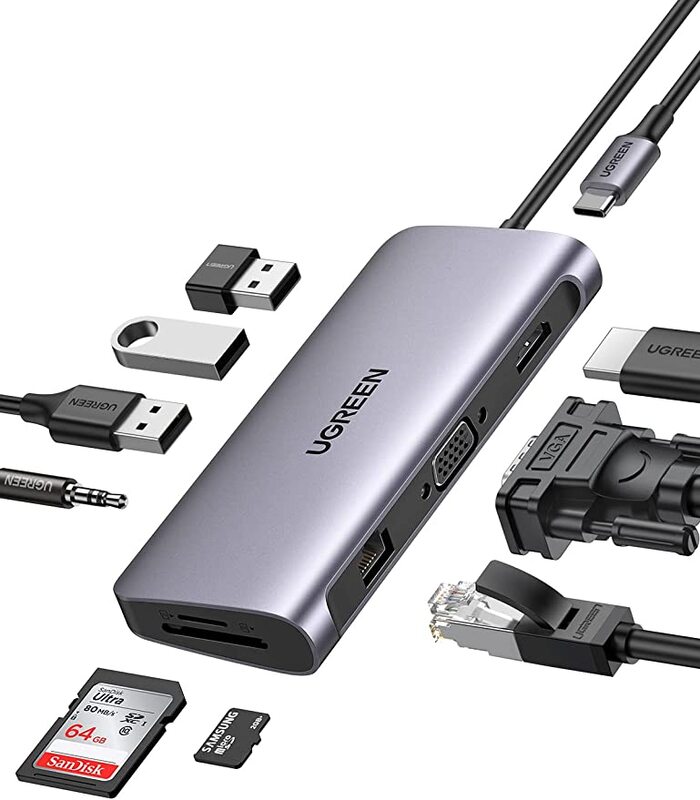 UGREEN USB-C Hub-3xUSB3.0+HDMI+VGA+TF/SD+RJ45+AUX3.5mm with 5Gbps 4K PD Power Supply GRY