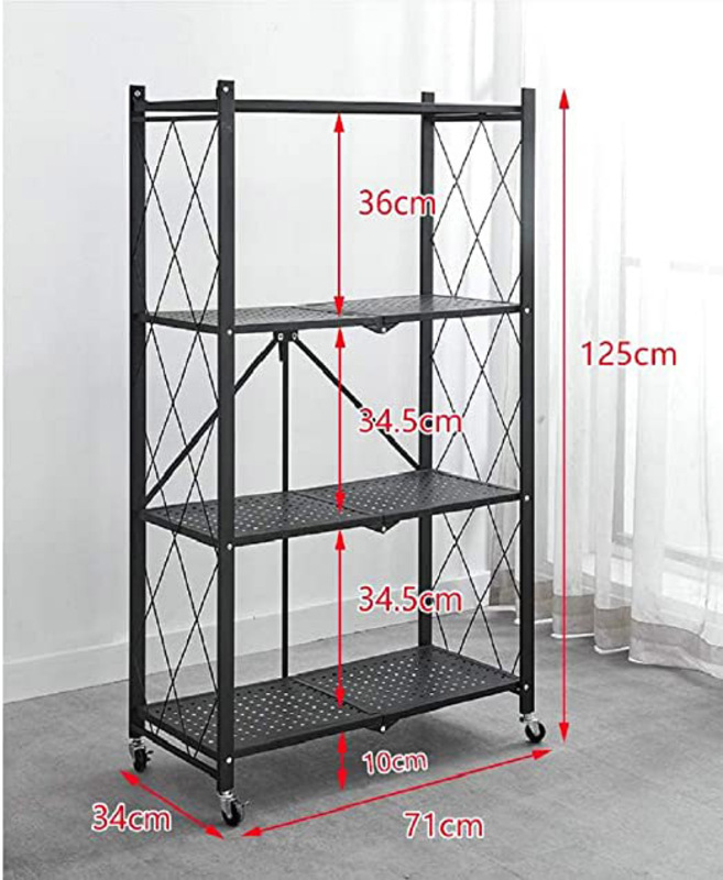 4 Tier Foldable Shelf Unit Storage with Wheel Adjustable, Black