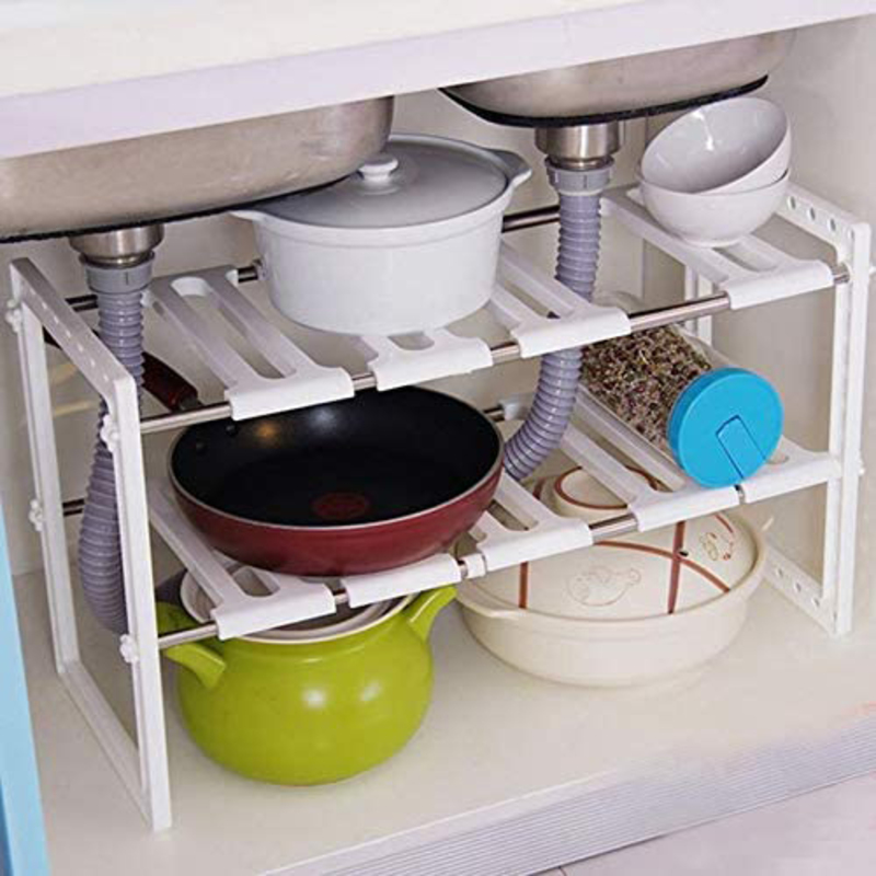Expandable Under Sink Kitchen Adjustable Storage Organizer Multipurpose Rack, White