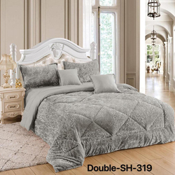 6-Piece Faux Fur Floral Design Comforter Set, 1 Comforter + 1 Fitted Sheet + 2 Cushions Case + 2 Pillow Cases, Light Grey, Queen