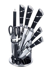 Seven 7 Star 9-Piece Kitchen Knife Set with 360° Rotating Acrylic Stand, Silver/Black