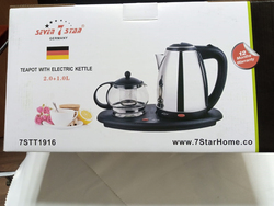Seven 7 Star 1L Glass Teapot with Electric Kettle & Tea Tray, 1500W, 7STT1916, Silver/White