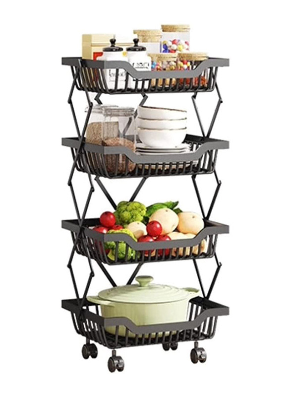 4 Tier Foldable Storage Organizer with Wheels Stackable, Black