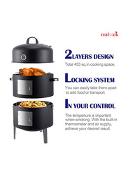 3 in1 Round Separable Smoker BBQ Grill Cooking with Built-in Thermometer and Easy Temp Adjustable Vent, Black