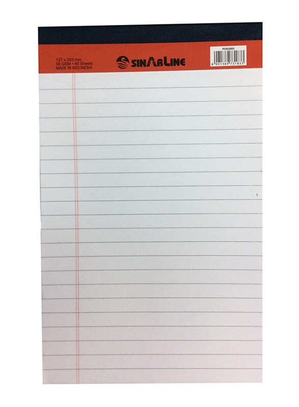 

Sinarline Legal Ruled Notepad, 40 Sheets, 56 GSM, 12.7 x 20.3cm, White