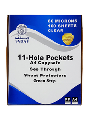 Sadaf Punched Pocket, A4 Size, Green Strip, 80 Microns, 100 Sheets, Clear