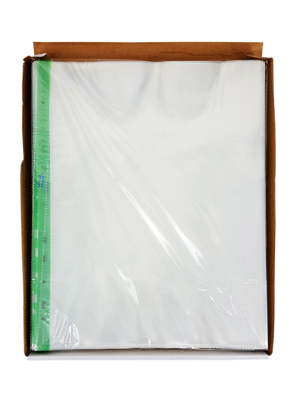 Sadaf Punched Pocket, A4 Size, Green Strip, 80 Microns, 100 Sheets, Clear