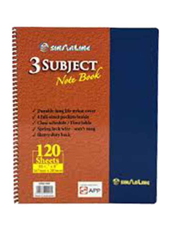 

Sinarline 3 Subject PVC Spiral Note Book, 120 Sheets, 28 x 21cm, Brown/Blue
