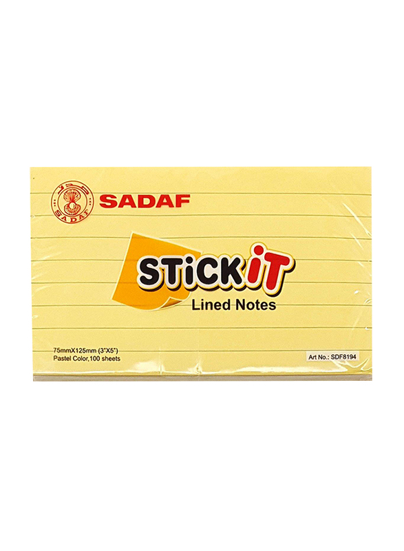 Sadaf PD-85 Lined Sticky Notes, 75 x 125mm, 100 Sheet, Yellow
