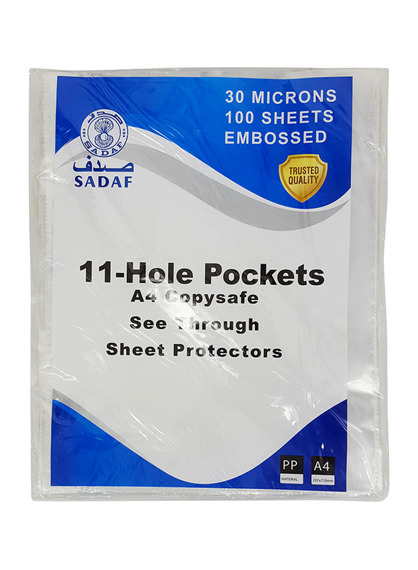 Sadaf Punched Pocket, A4 Size, White Strip, 30 Microns, 100 Sheets Embossed, Clear