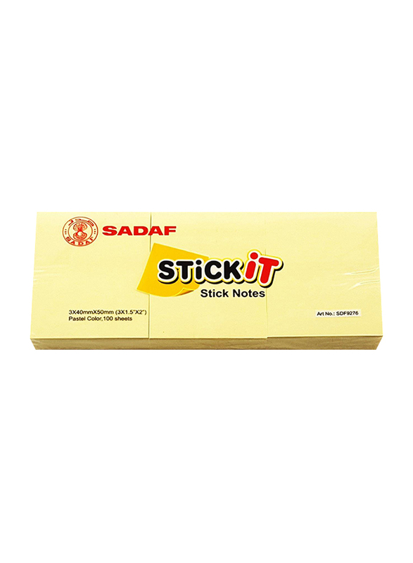 Sadaf PD-105 StickIt Sticky Notes, 40 x 50mm, 3 x 100 Sheet, Yellow