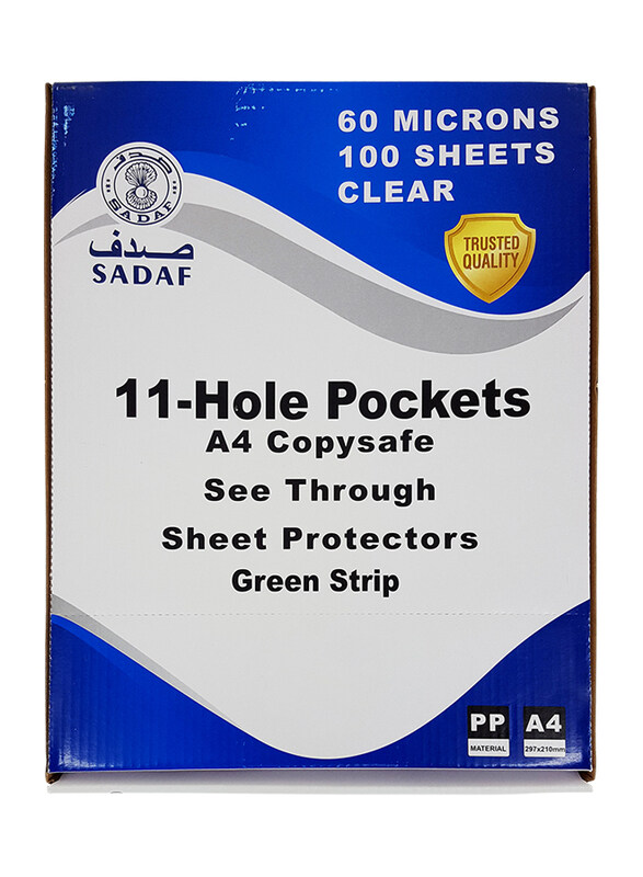 

Sadaf Punched Pocket, A4 Size, Green Strip, 60 Microns, 100 Sheets, Clear