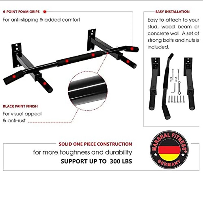 Marshal Fitness Heavy Duty Wall Mount Upper Body Workout Pull Up Bar, MF-0539, Black