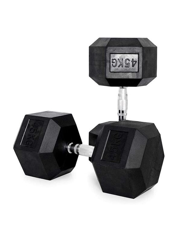 Marshal Fitness Rubber Coated Dumbbell, 1 x 45KG, Black/Silver