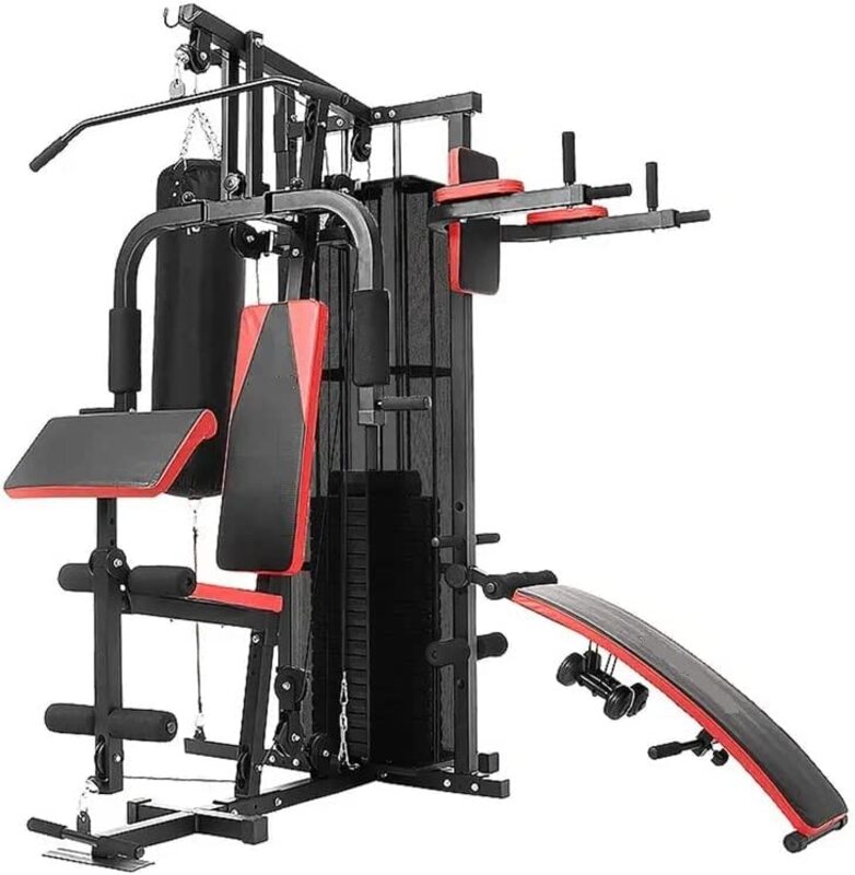 Marshal Fitness 3 Station Multi Station Home Gym with Boxing Bag and Pull up station/Exercise Bench, 165 LBS, MF-0709-4, Black