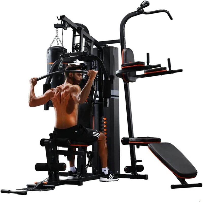 Marshal Fitness 3 Station Multi Station Home Gym With Boxing Bag and Pull Up station/Bench, 72Kg, MF-0701, Black