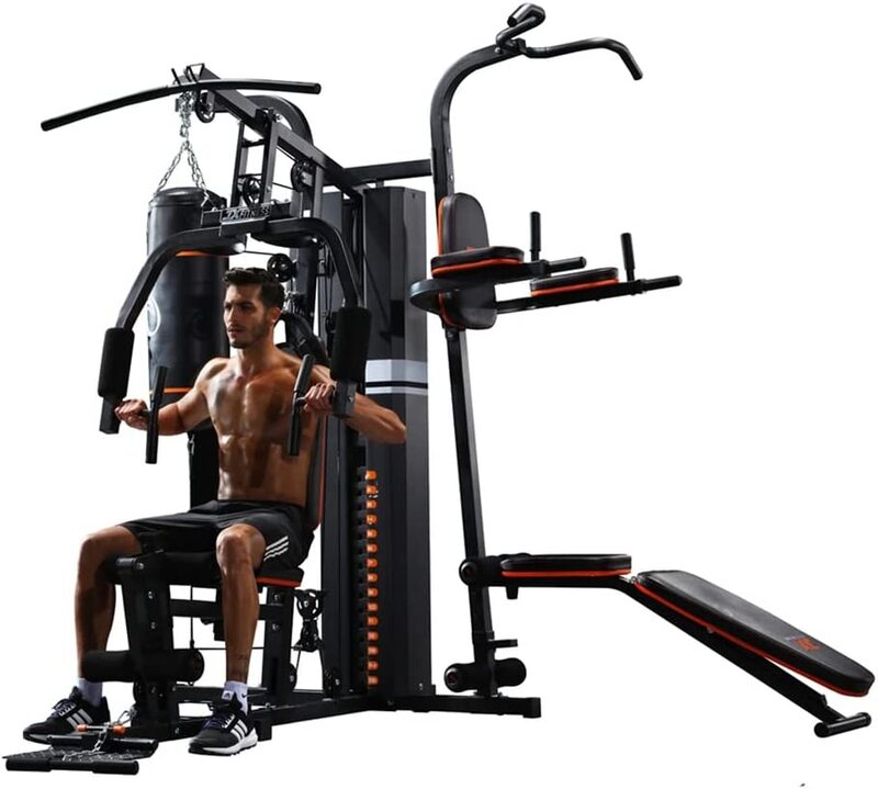 Marshal Fitness 3 Station Multi Station Home Gym With Boxing Bag and Pull Up station/Bench, 72Kg, MF-0701, Black