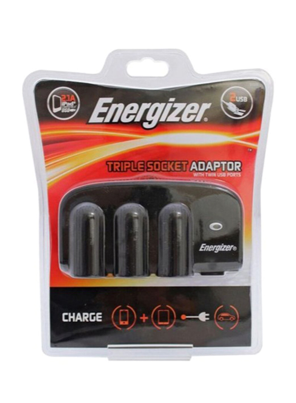 Energizer Car Charger, Triple Socket with Twin USB Adapter, with USB Ports, Black